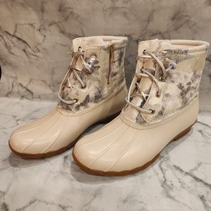 SPERRY Water Resistant Leather Duck Boots in Saltwater Metallic Camouflage Ivory